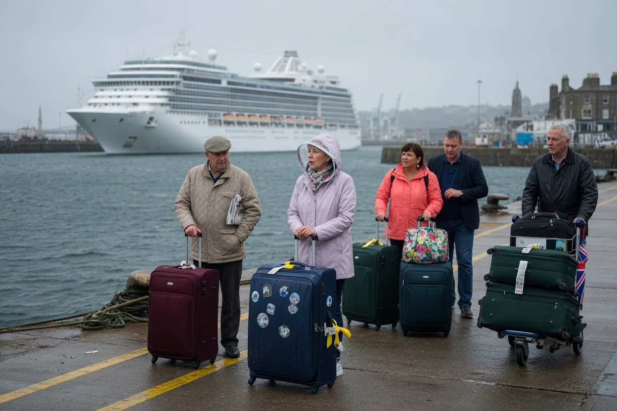 Cruise passengers with their luggage on the quay in front of a cruise ship