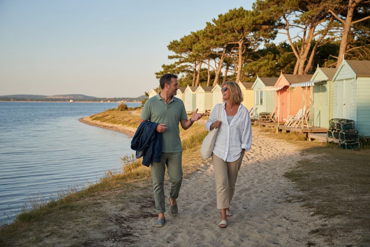 Two people walking along the harbour shore past colourful beach huts