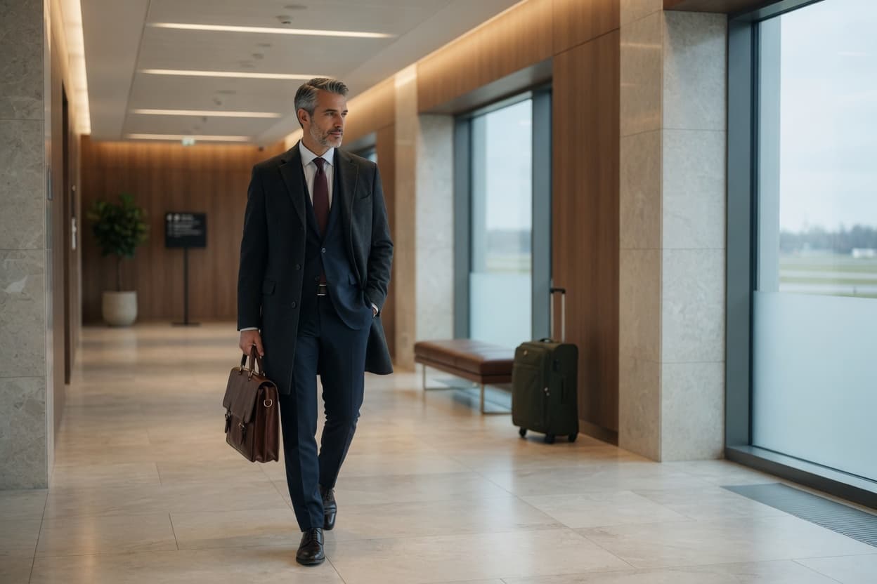 A business traveller with a briefcase walking through an airport terminal
