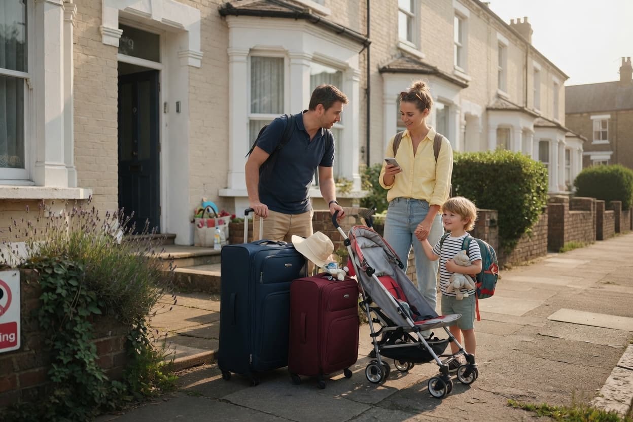 Parents with a child, a pushchair and suitcases outside their house