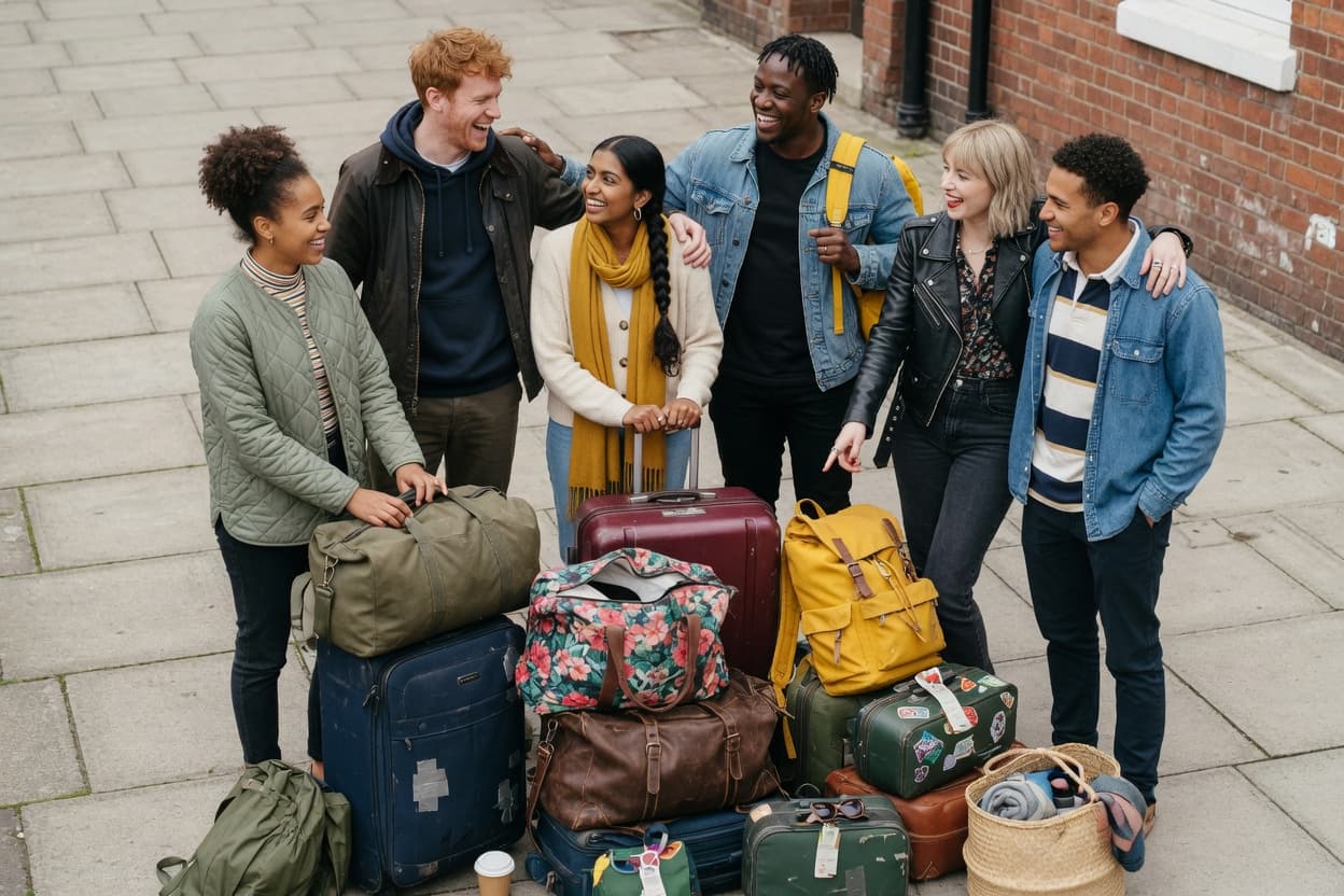 A group of friends with their luggage, ready to travel together