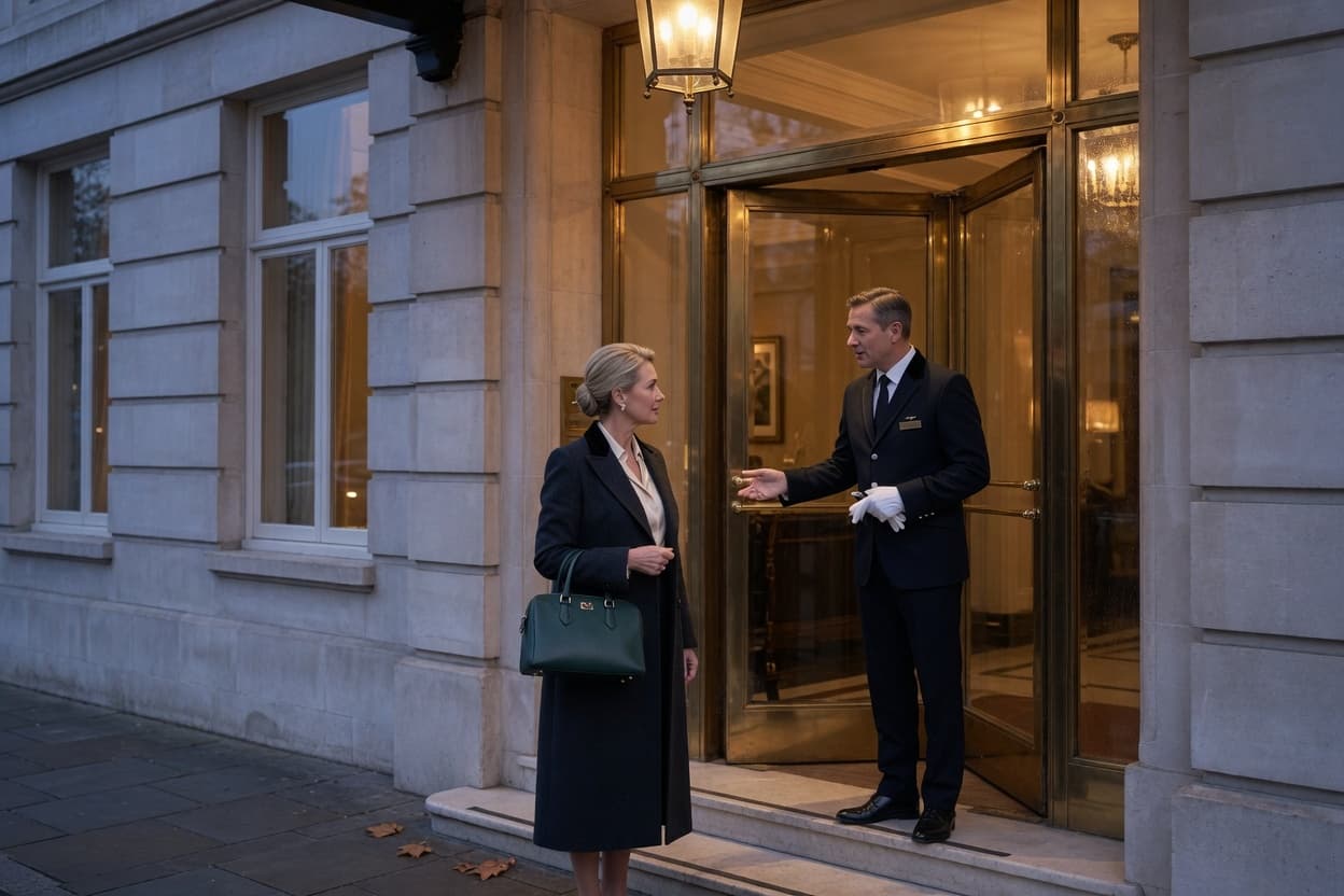 A hotel doorman greeting a guest at the entrance of a grand hotel
