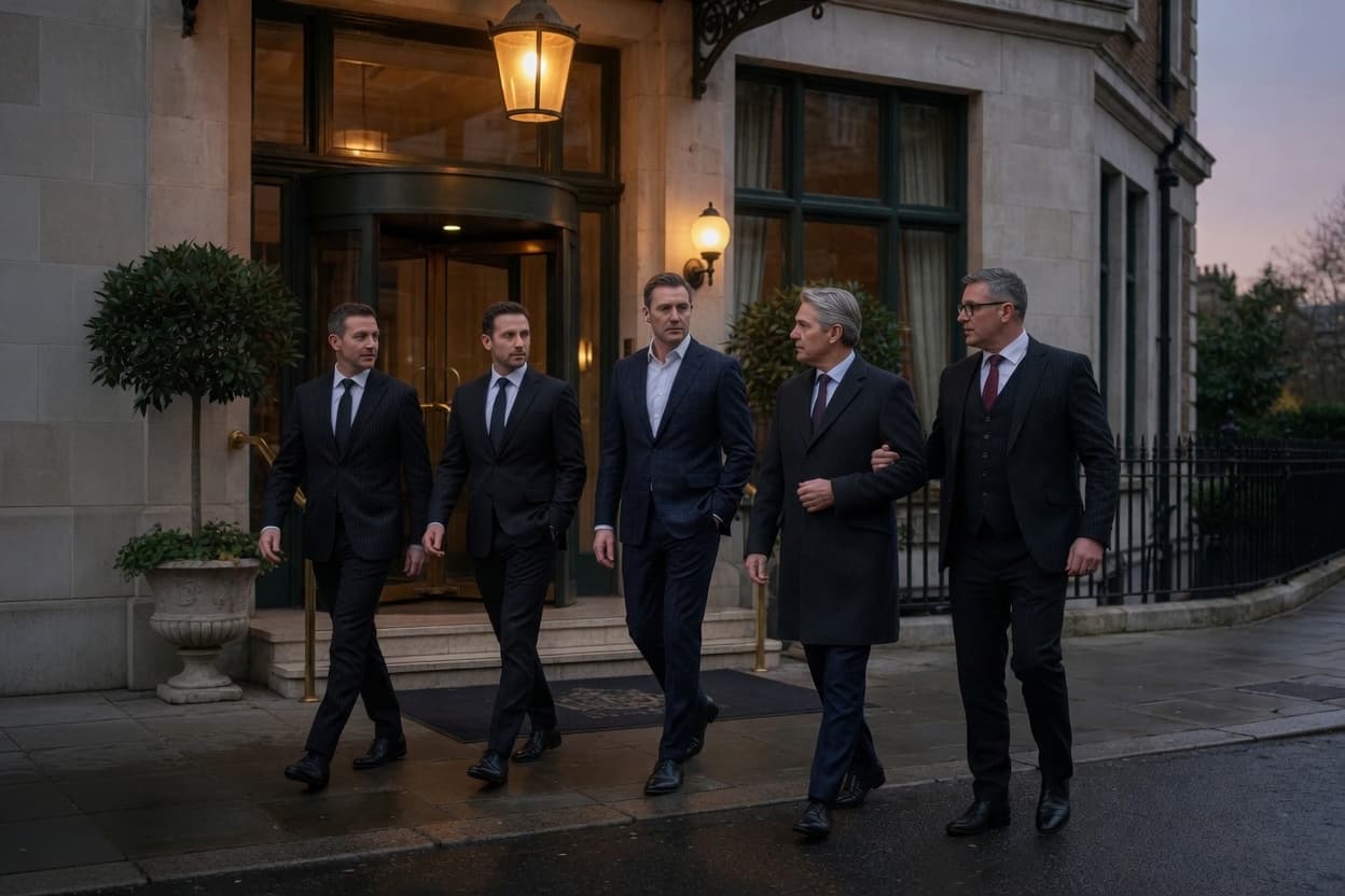 A close protection team walking a client out of a hotel entrance
