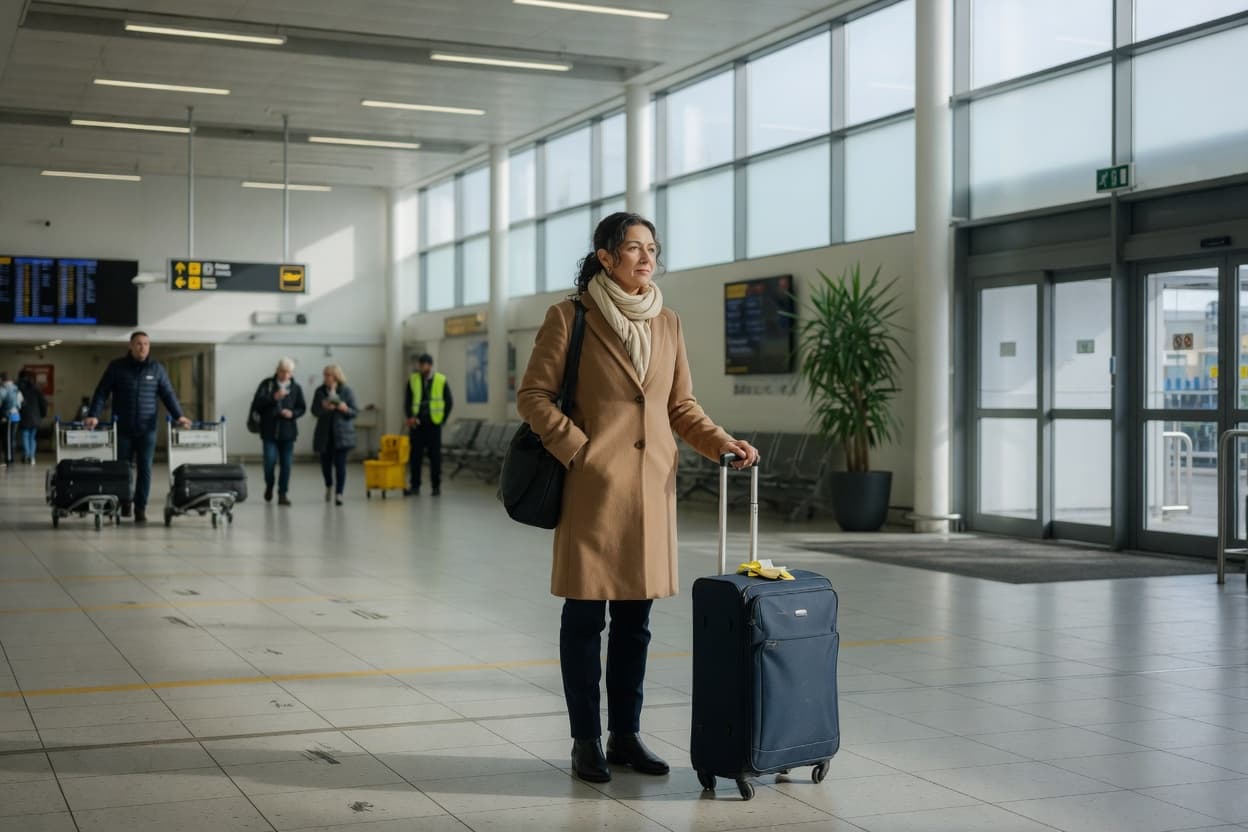 A woman travelling alone with her suitcase in an airport arrivals hall
