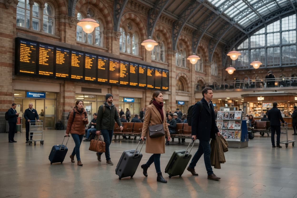 Travellers with suitcases walking through a large railway station concourse