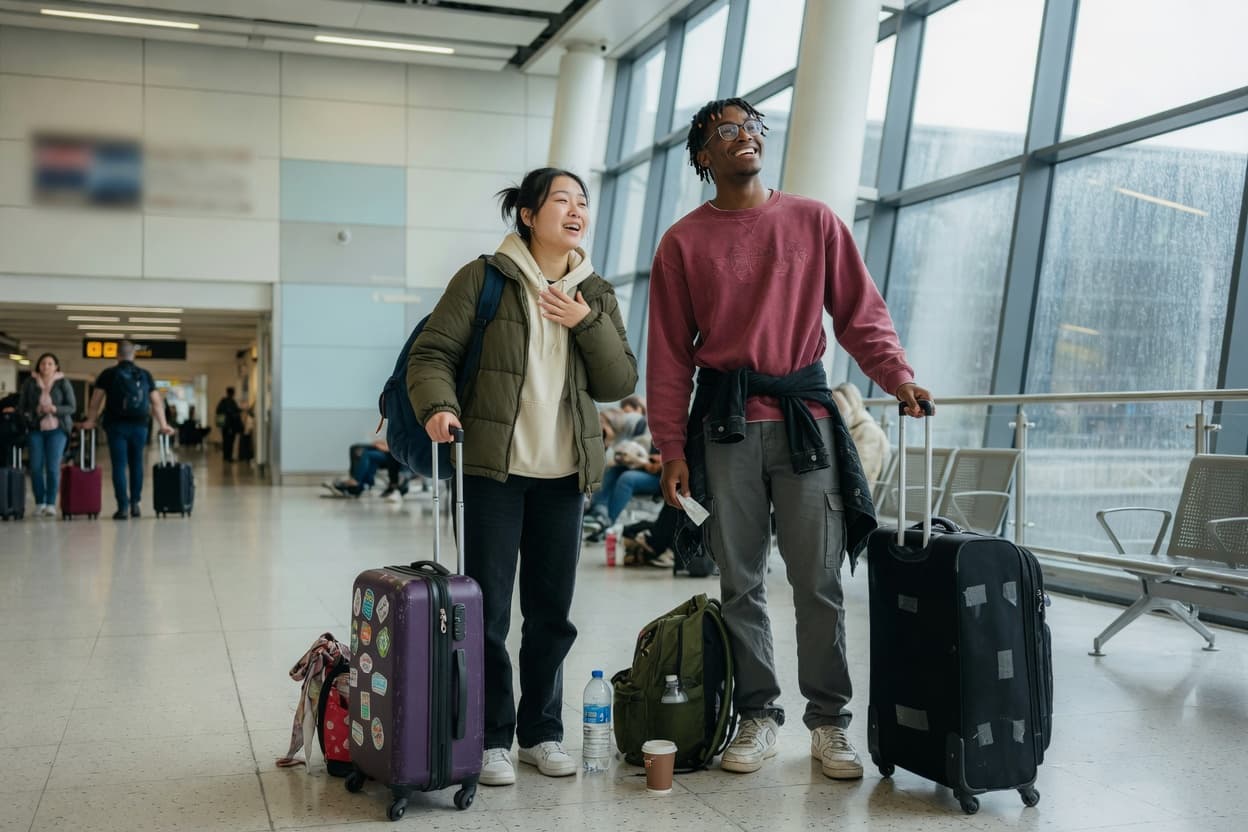 Two students with their suitcases in an airport arrivals hall