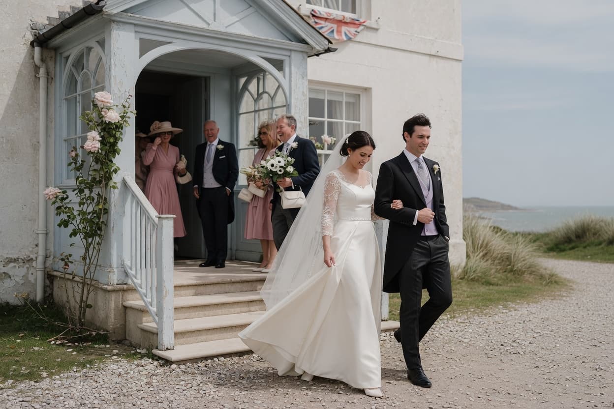A bride and groom leaving a coastal wedding venue